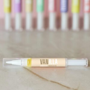 Velvora Vanilla cuticle-oil pen hero shot on marble – hydrates cuticles after semi-cured gel nail strips, wraps or stickers.