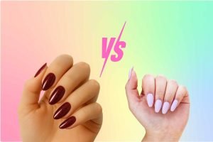 close-up of gel nail strips and gel polish manicure side by side – Velvora UK