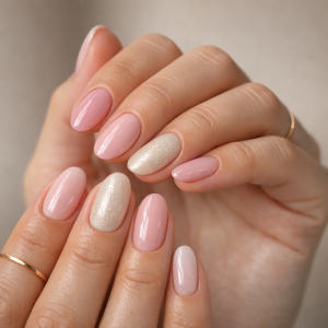 spring nail trends 2026 UK glossy soft pink and milky white manicure with subtle shimmer