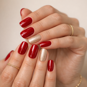 Best nail polish strips in the UK in cherry red with champagne shimmer accent on adult hands