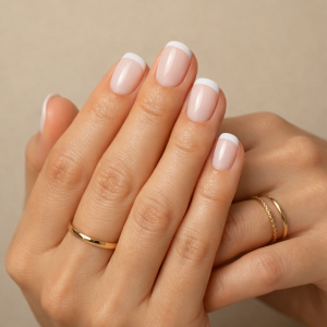 French tip nails at home with classic milky white base and crisp tips