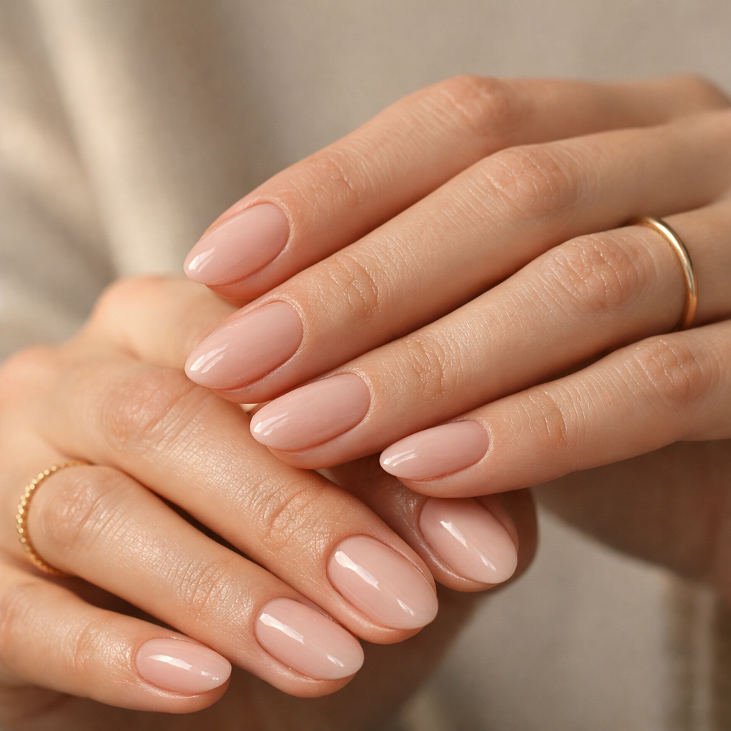 Nude nails skin tone guide showing soft pink-beige manicure on hands in natural light