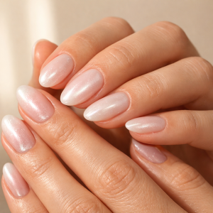 Pearlescent nails at home with soft pink and milky white shimmer finish