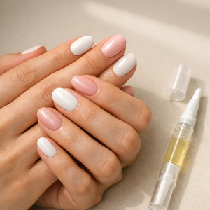 gel nail strips nail health tips with milky white and soft pink manicure and cuticle oil