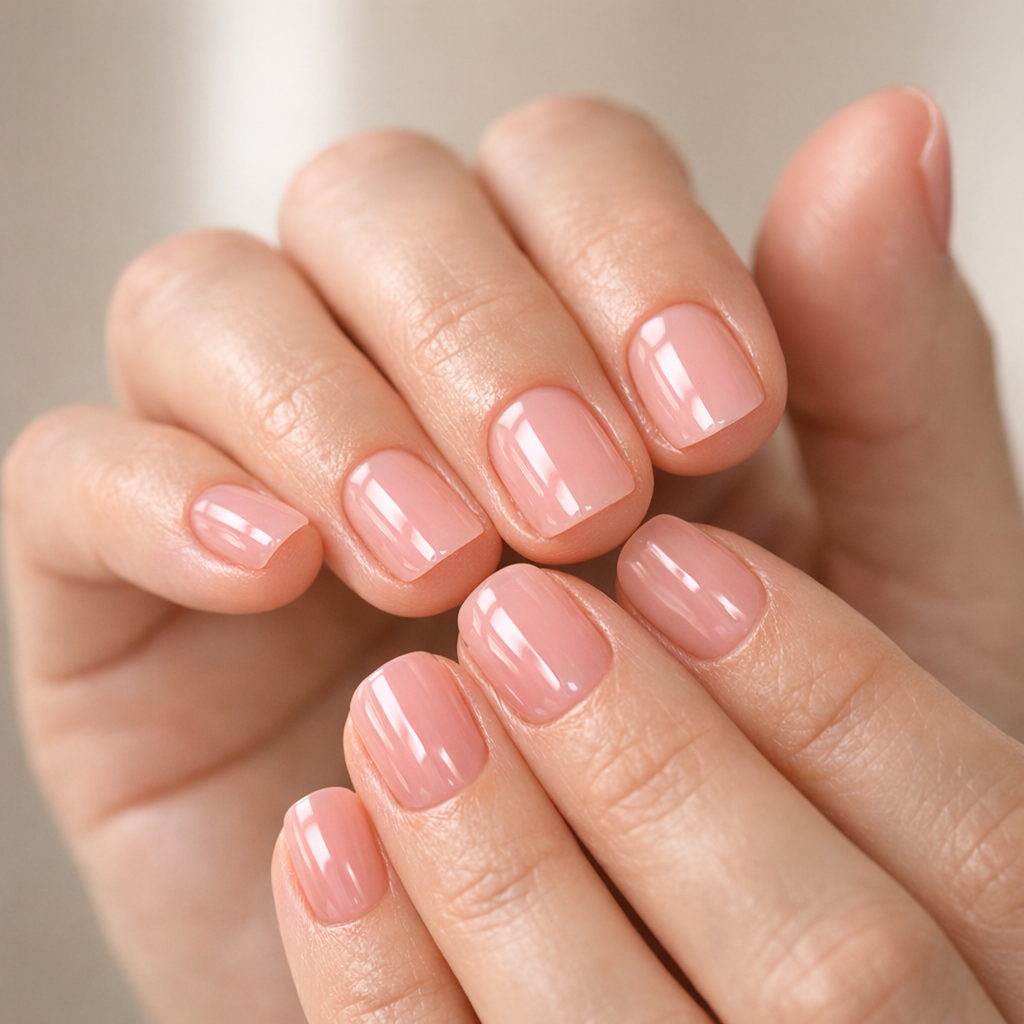 Gel nail strips on short nails with glossy soft pink finish and clean cuticle line