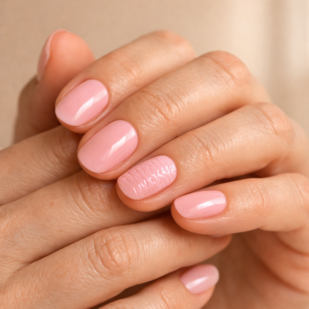 Why do gel nail strips wrinkle? Close-up showing a wrinkled soft pink gel strip and smooth nails for comparison