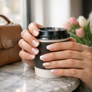 Best gel nail strips in Manchester manicure with glossy French tips in natural café light