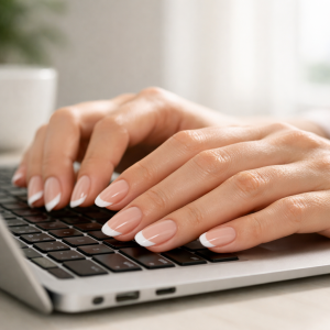 Best gel nail strips in Nottingham French tip manicure on hands typing on a laptop