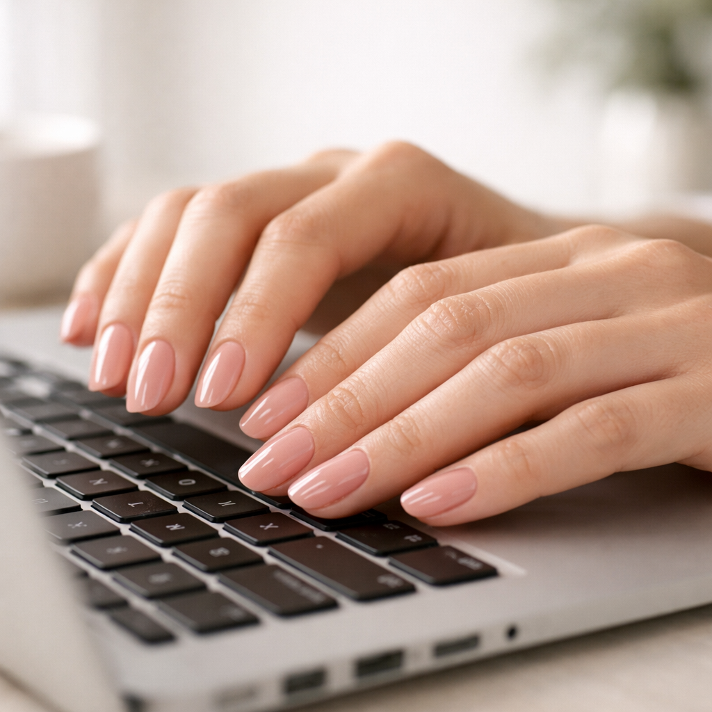 Best gel nail strips in Coventry shown as glossy nude-pink semi-cured gel manicure on hands typing on a laptop