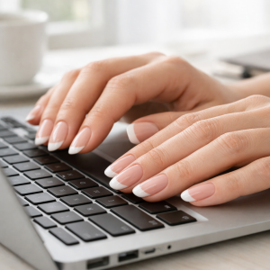 Best gel nail strips in Hull French tip gel manicure on adult hands typing on a laptop