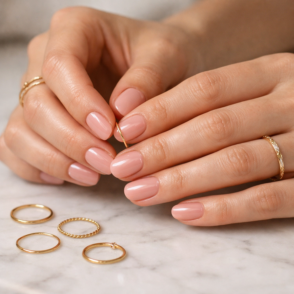 How to do home gel nails with glossy nude-pink semi-cured gel manicure on short oval nails