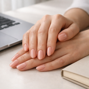 How much is it for gel nails per month? Nude-pink gel strip manicure on adult hands
