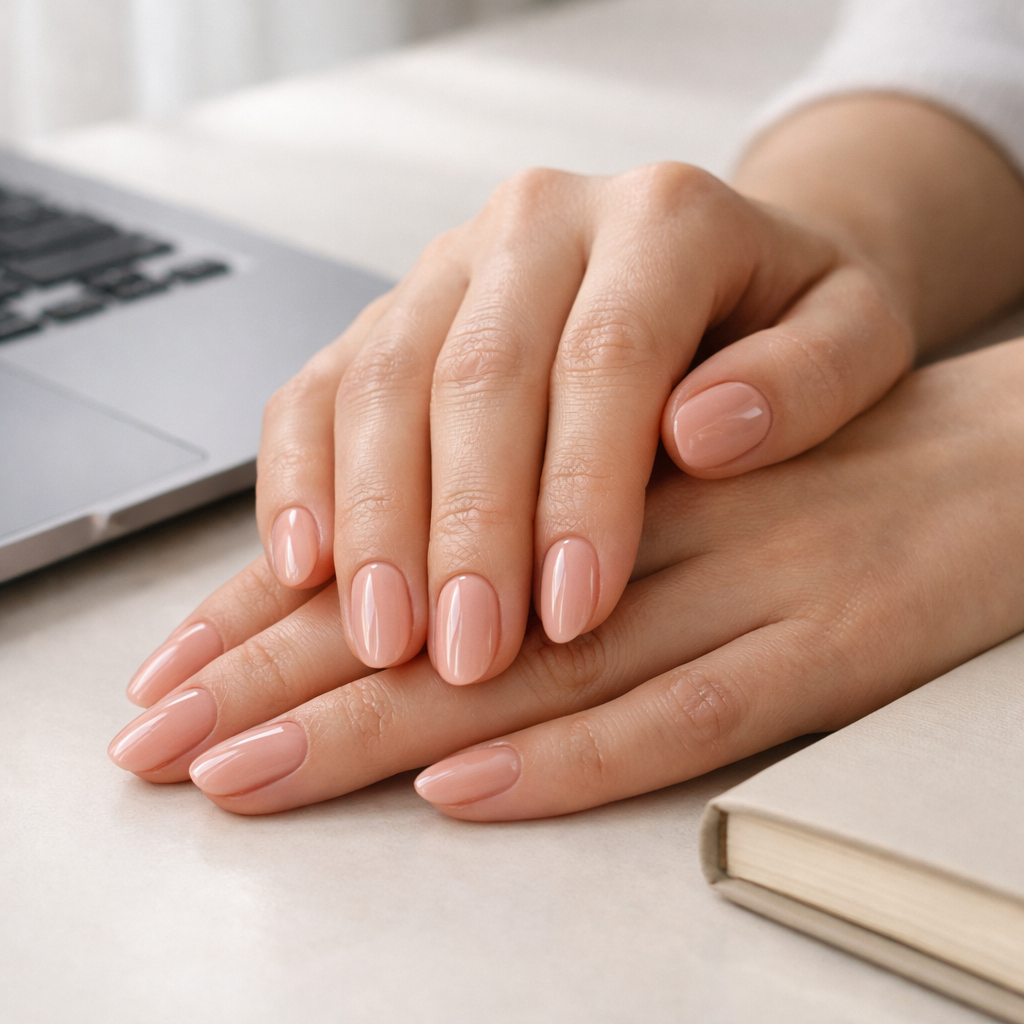 How much is it for gel nails per month? Nude-pink gel strip manicure on adult hands