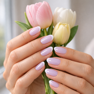 Spring nail trends 2026 UK micro-French milky lilac manicure on adult hands