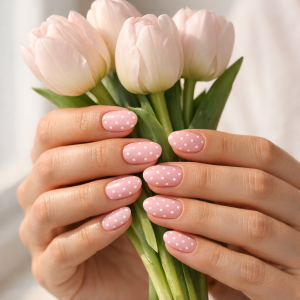 Are polka dots nails for spring? Pastel pink micro polka dot manicure in soft sunlight