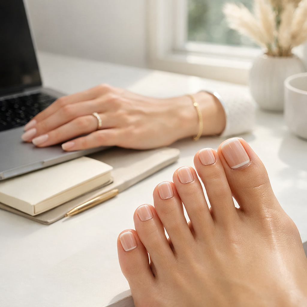 How to Apply Pedicure Gel Nail Strips at Home (And How Long They Last) with glossy nude French tip toes