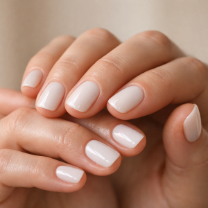 Stop biting nails gel strips result with glossy milky white at-home manicure