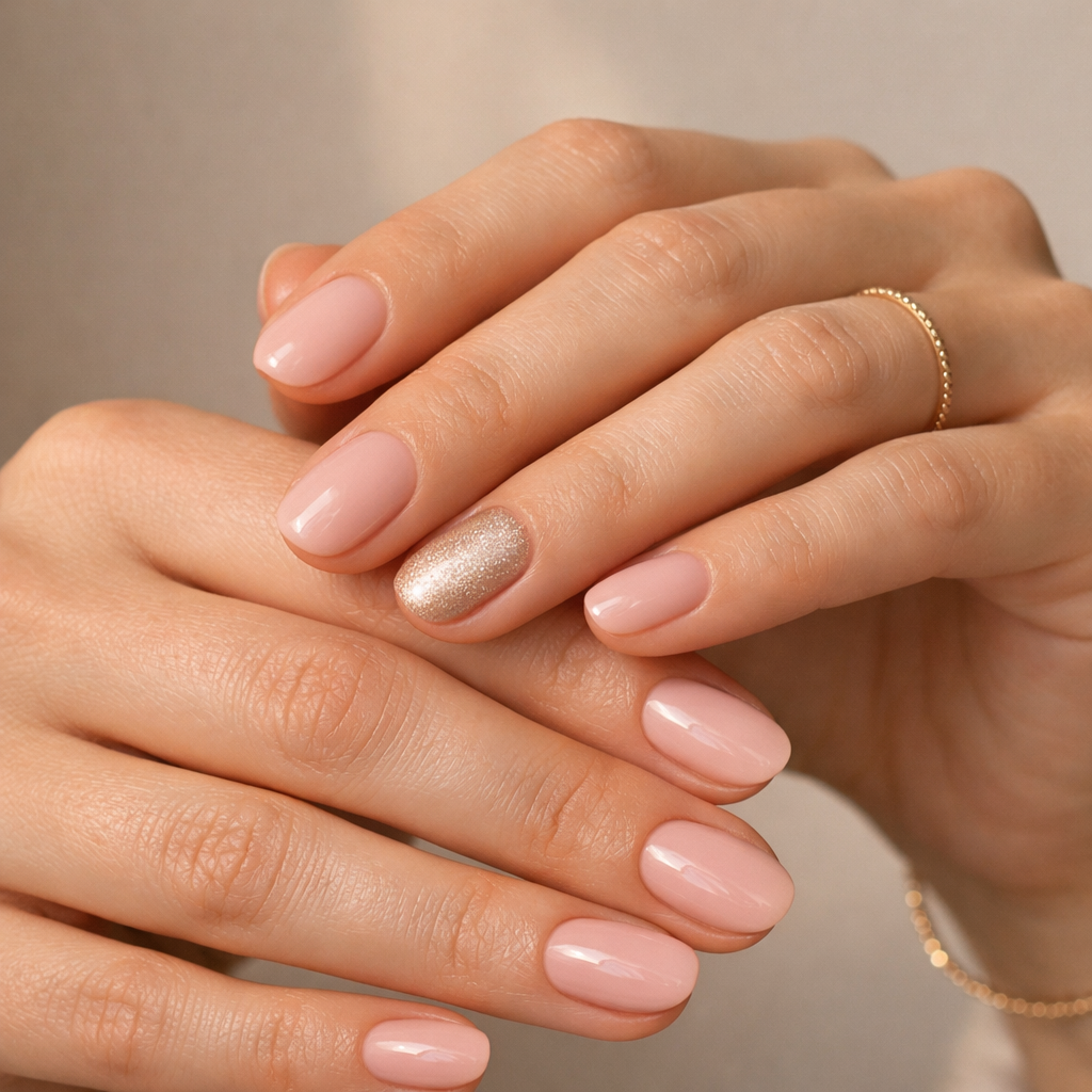 Nail ideas over 30 with soft pink manicure and champagne accent on short oval nails