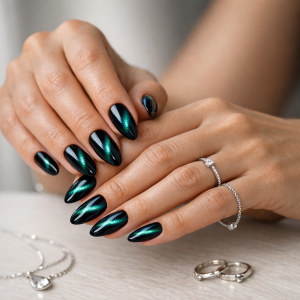 Cat eye nail effect manicure with glossy shimmer stripe in natural light