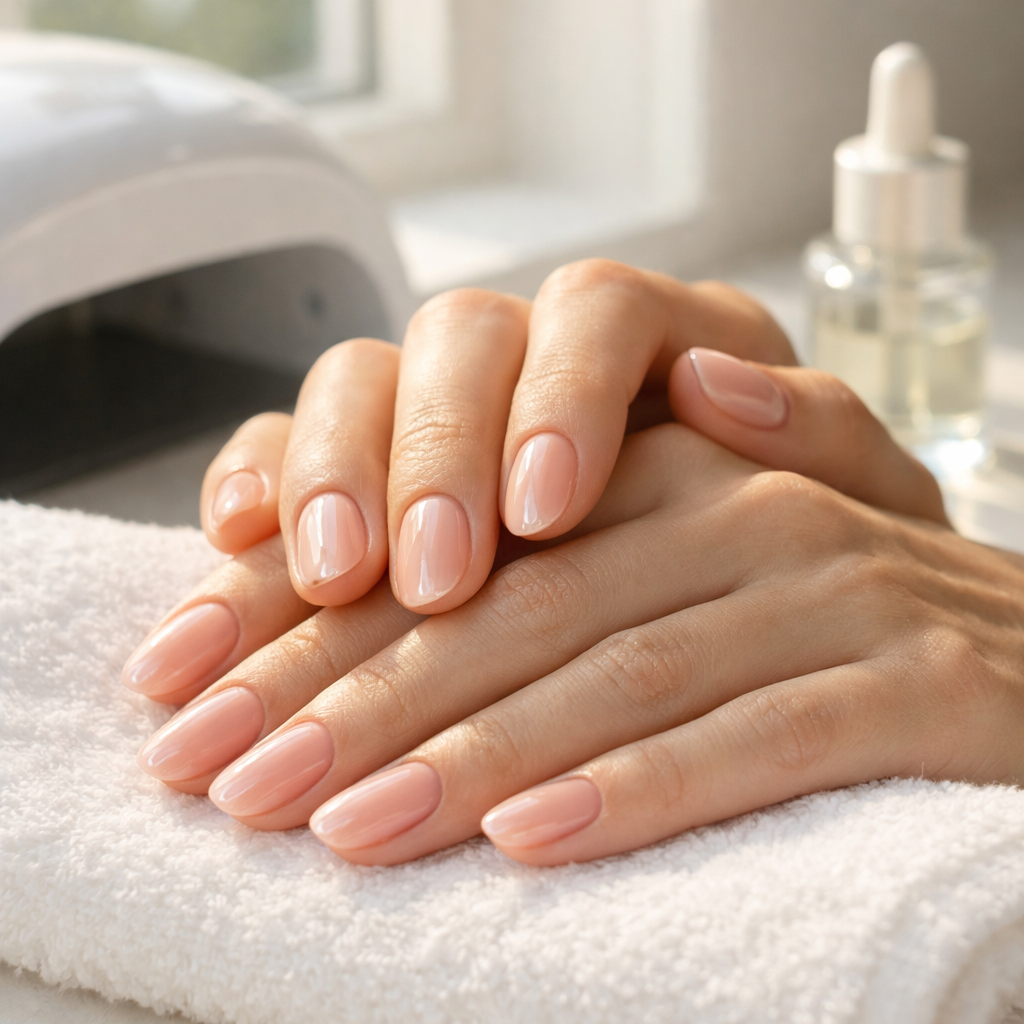 TPO free gel nail strips UK with glossy neutral semi-cured manicure in natural light