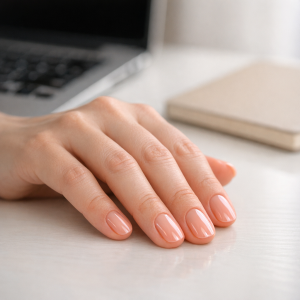 Benefits of gel nail strips with glossy nude-pink manicure at a desk workspace