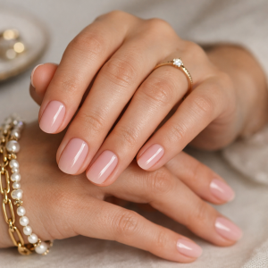 Nail polish strips vs press-ons comparison shown with a natural soft pink manicure