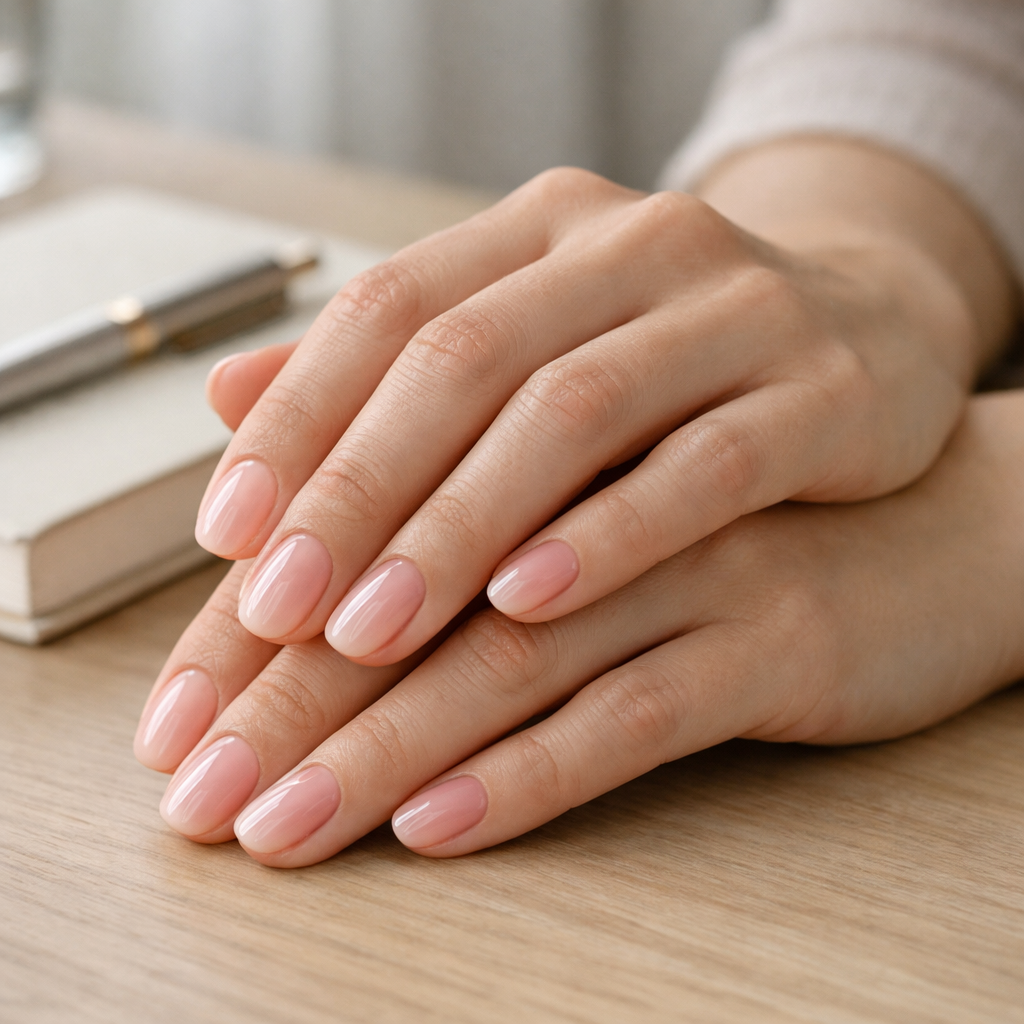 gel nail strips help me growth my nails with glossy nude-pink manicure on adult hands