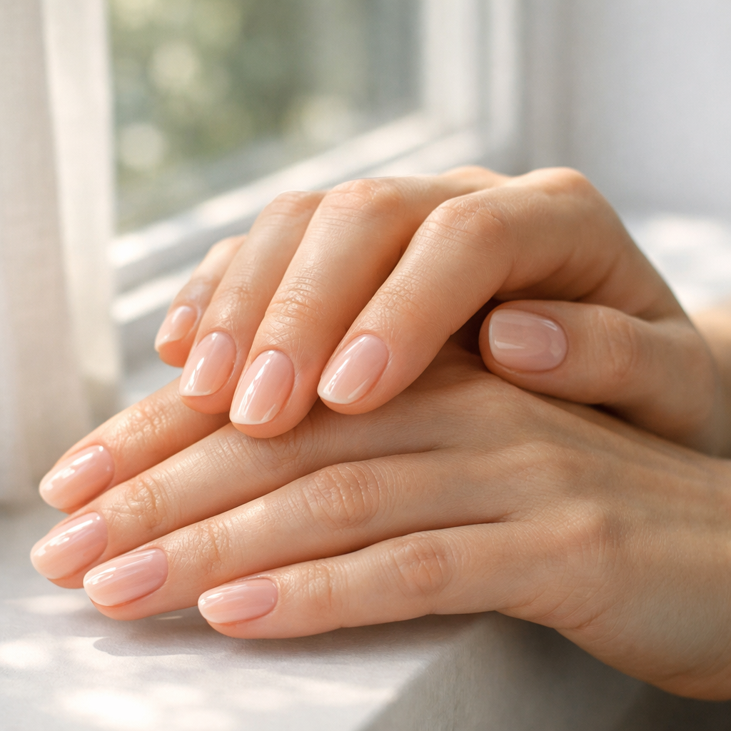 Best way to keep your nails nice but healthy with a glossy natural nude manicure