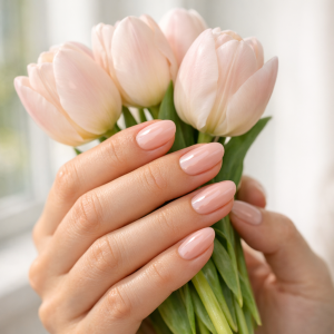 Gel wraps nails in glossy neutral pink semi-cured gel strip manicure, close-up adult hands