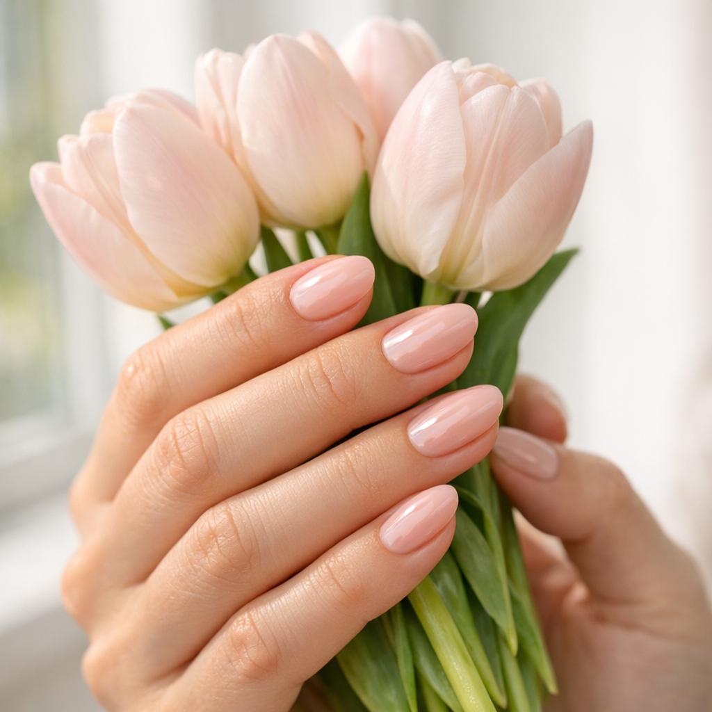 Gel wraps nails in glossy neutral pink semi-cured gel strip manicure, close-up adult hands