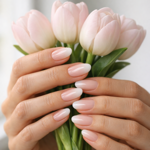 What are ombre nails: nude to white French ombre manicure on adult hands holding flowers
