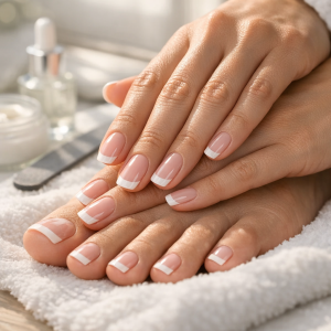The UK Guide to At-Home Pedicure Gel Strips with glossy French pedicure in natural light