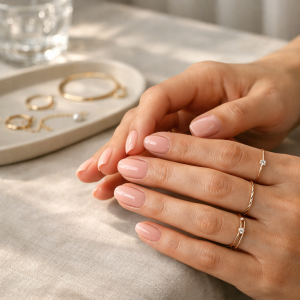 Best Nail Shape for your Hands shown with glossy soft oval nude manicure