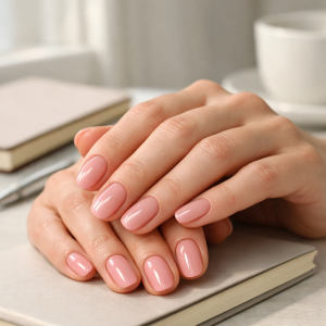 1.1 gel nail strip fit rule shown on neat glossy pink manicure